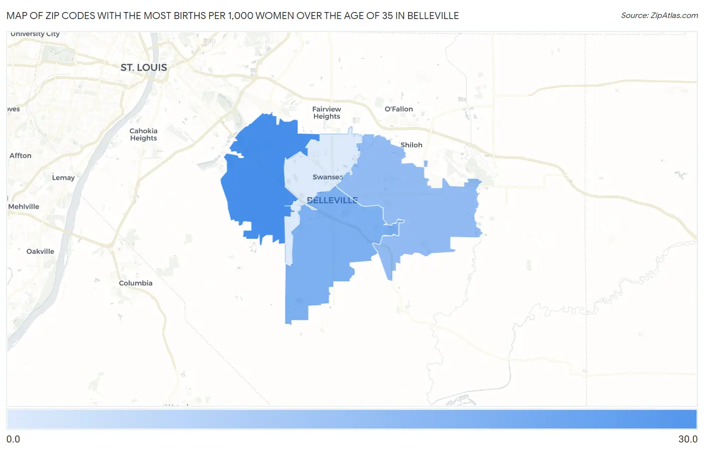 Zip Codes with the Most Births per 1,000 Women Over the Age of 35 in Belleville Map