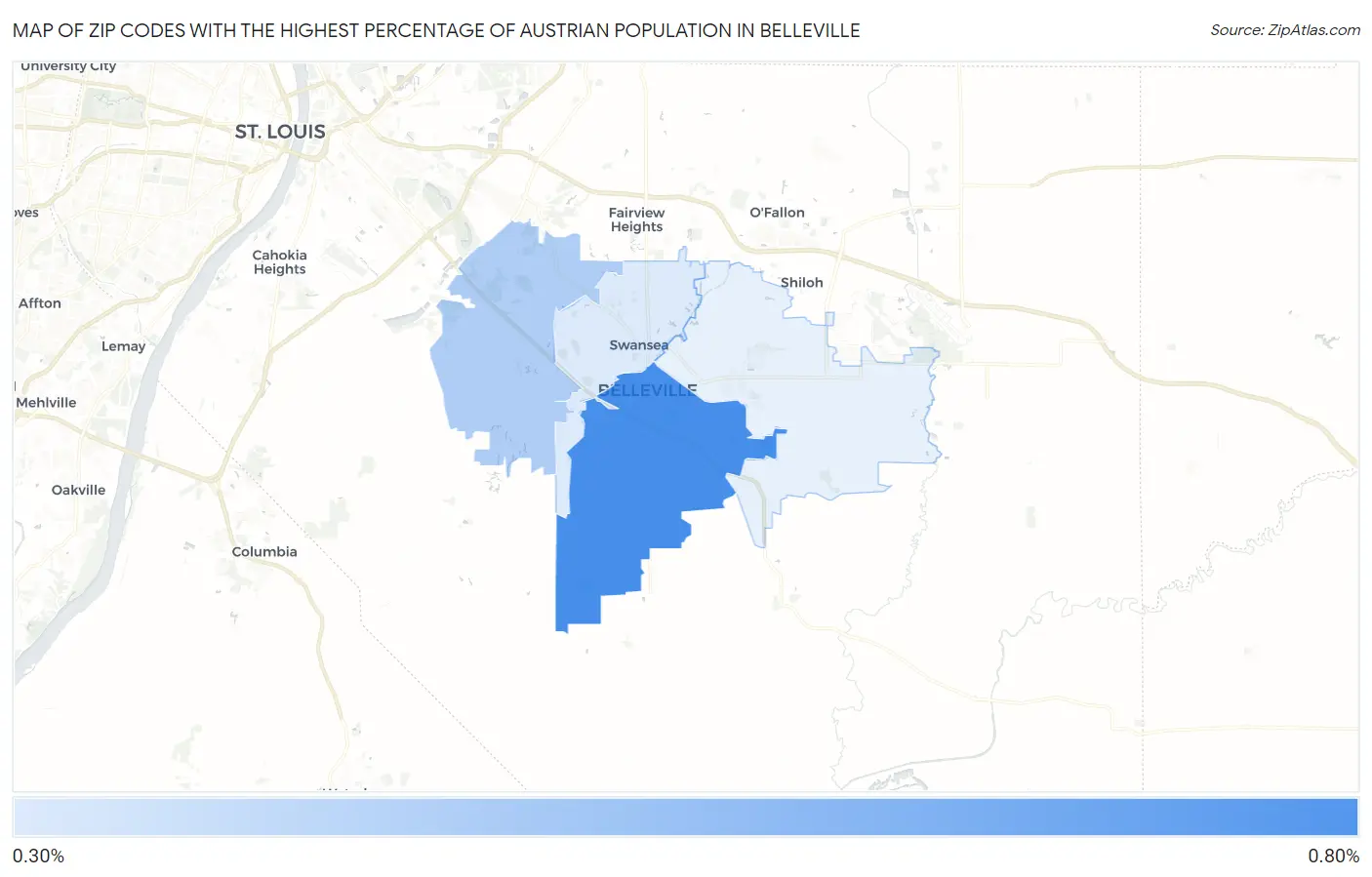 Zip Codes with the Highest Percentage of Austrian Population in Belleville Map