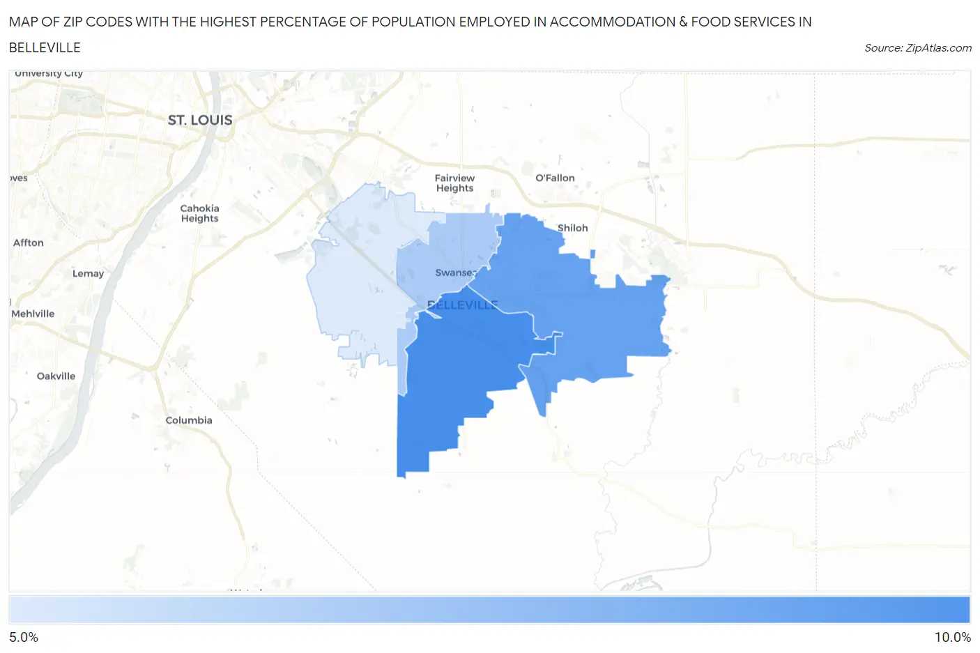 Zip Codes with the Highest Percentage of Population Employed in Accommodation & Food Services in Belleville Map