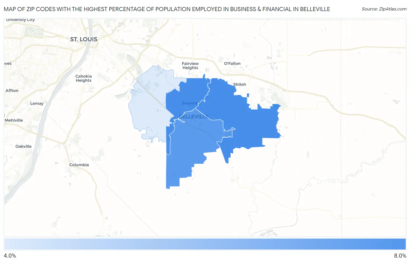 Zip Codes with the Highest Percentage of Population Employed in Business & Financial in Belleville Map
