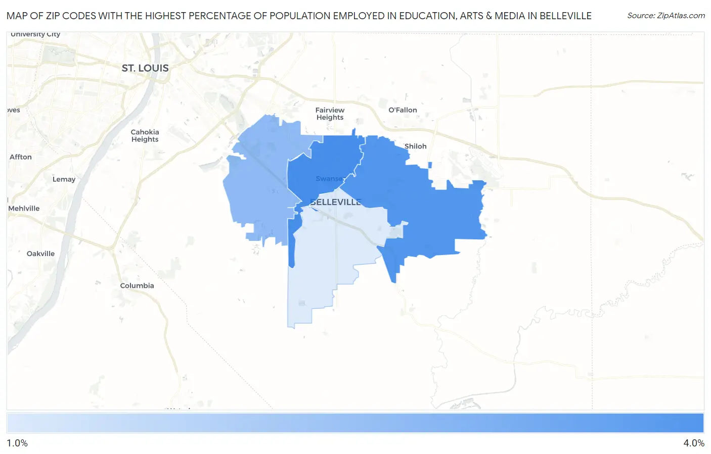 Zip Codes with the Highest Percentage of Population Employed in Education, Arts & Media in Belleville Map