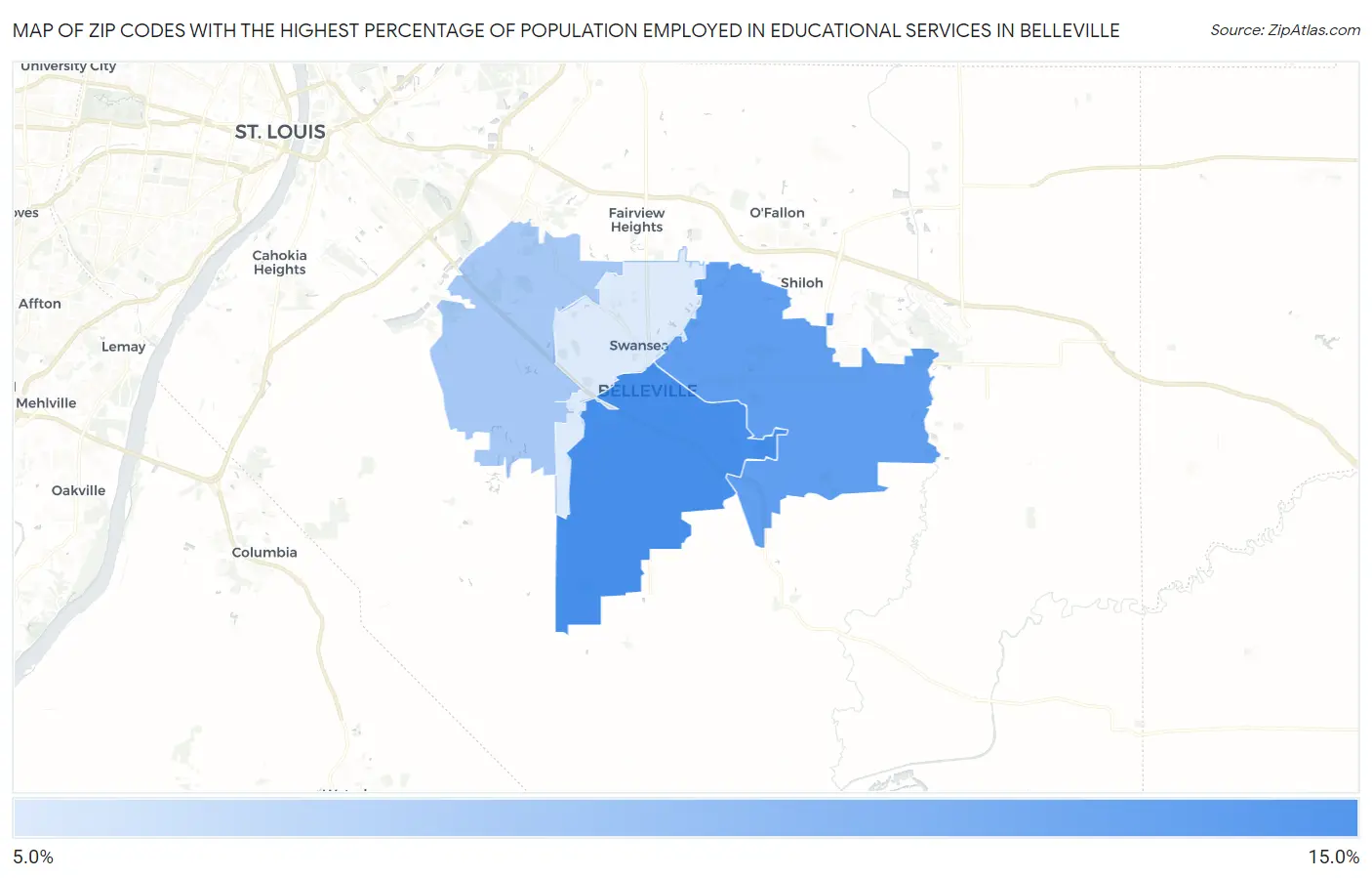 Zip Codes with the Highest Percentage of Population Employed in Educational Services in Belleville Map