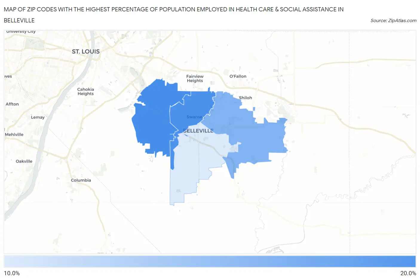 Zip Codes with the Highest Percentage of Population Employed in Health Care & Social Assistance in Belleville Map