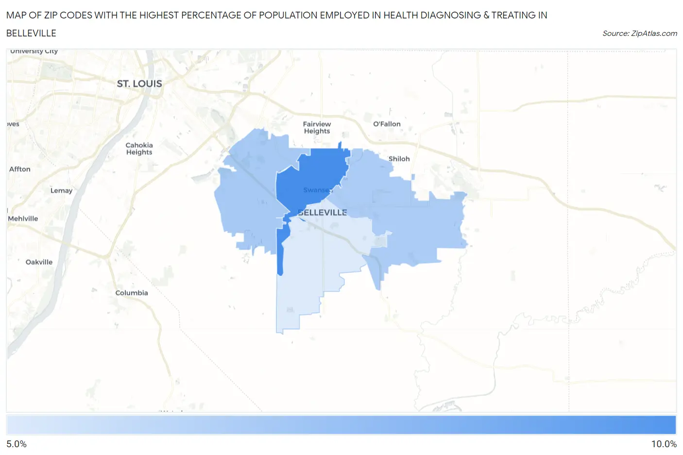 Zip Codes with the Highest Percentage of Population Employed in Health Diagnosing & Treating in Belleville Map