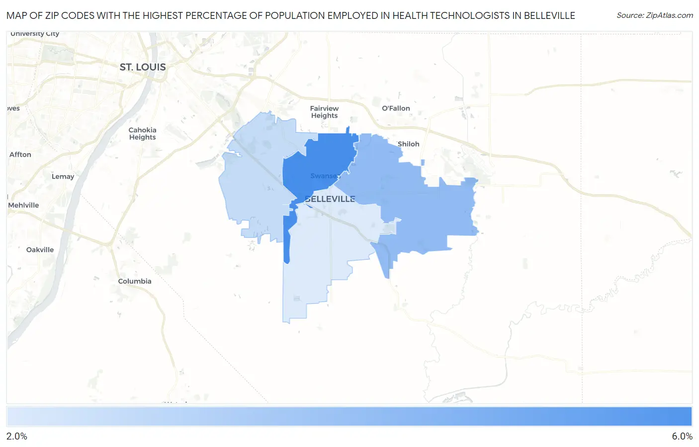 Zip Codes with the Highest Percentage of Population Employed in Health Technologists in Belleville Map