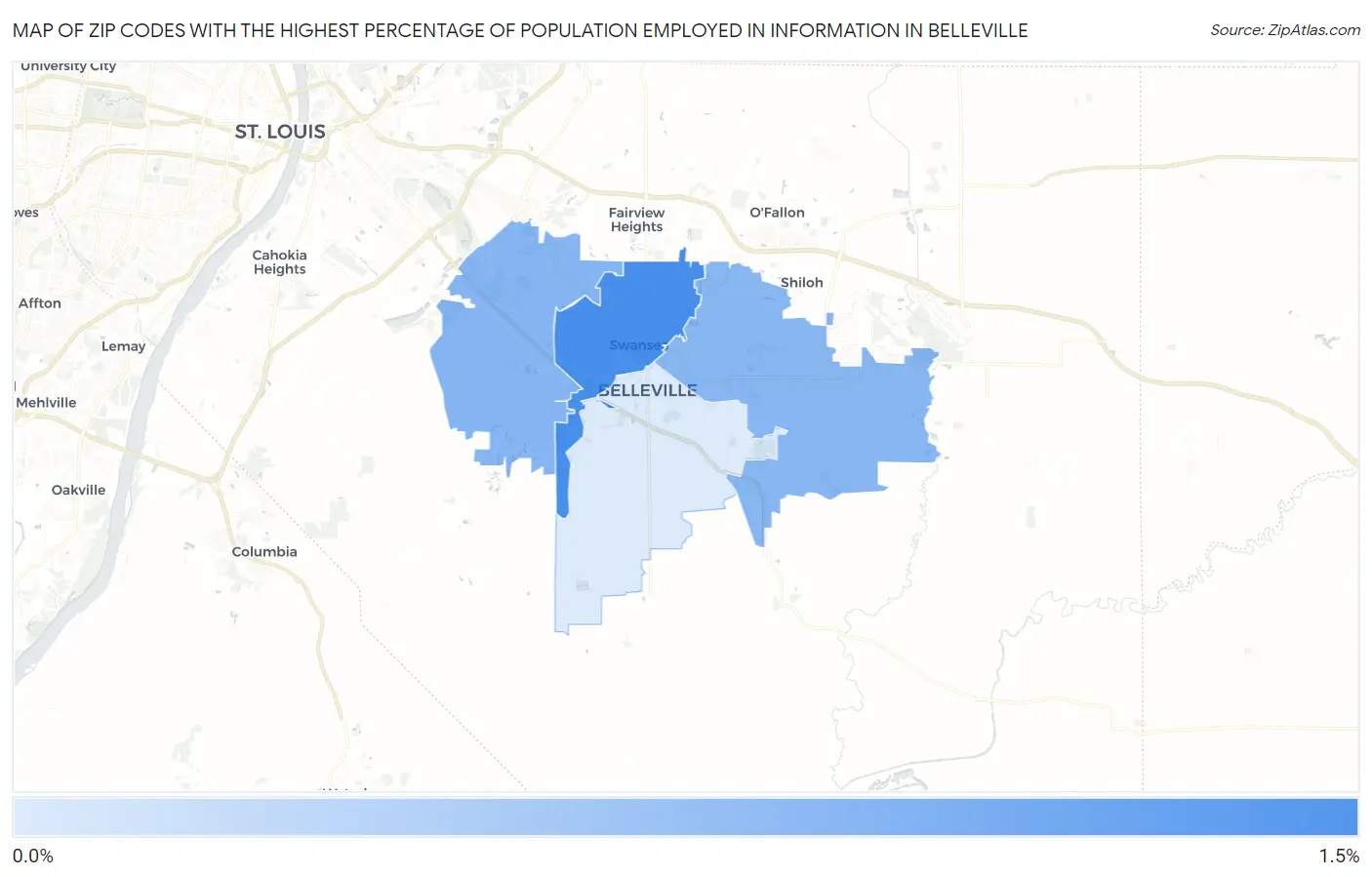 Zip Codes with the Highest Percentage of Population Employed in Information in Belleville Map