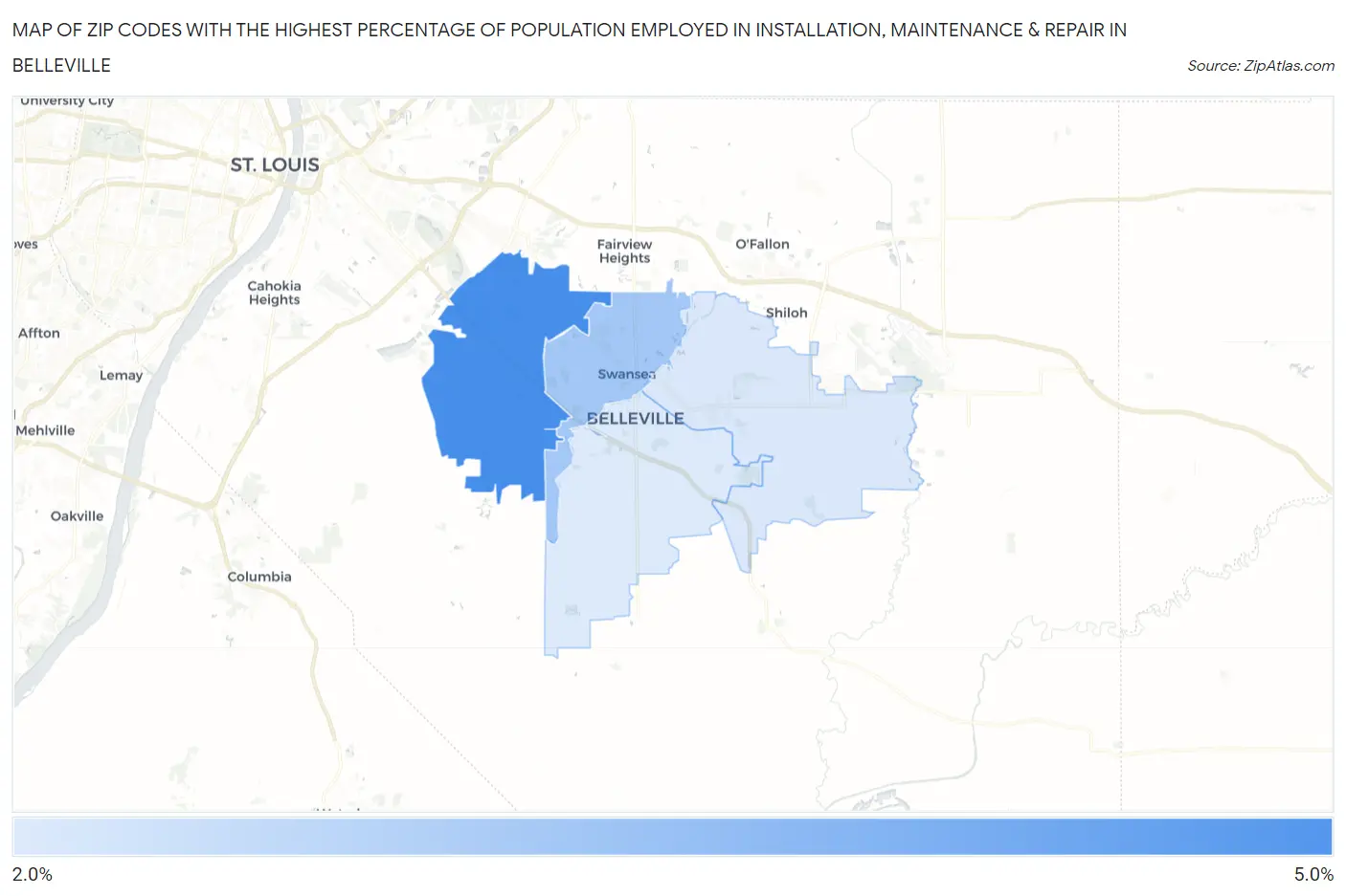 Zip Codes with the Highest Percentage of Population Employed in Installation, Maintenance & Repair in Belleville Map