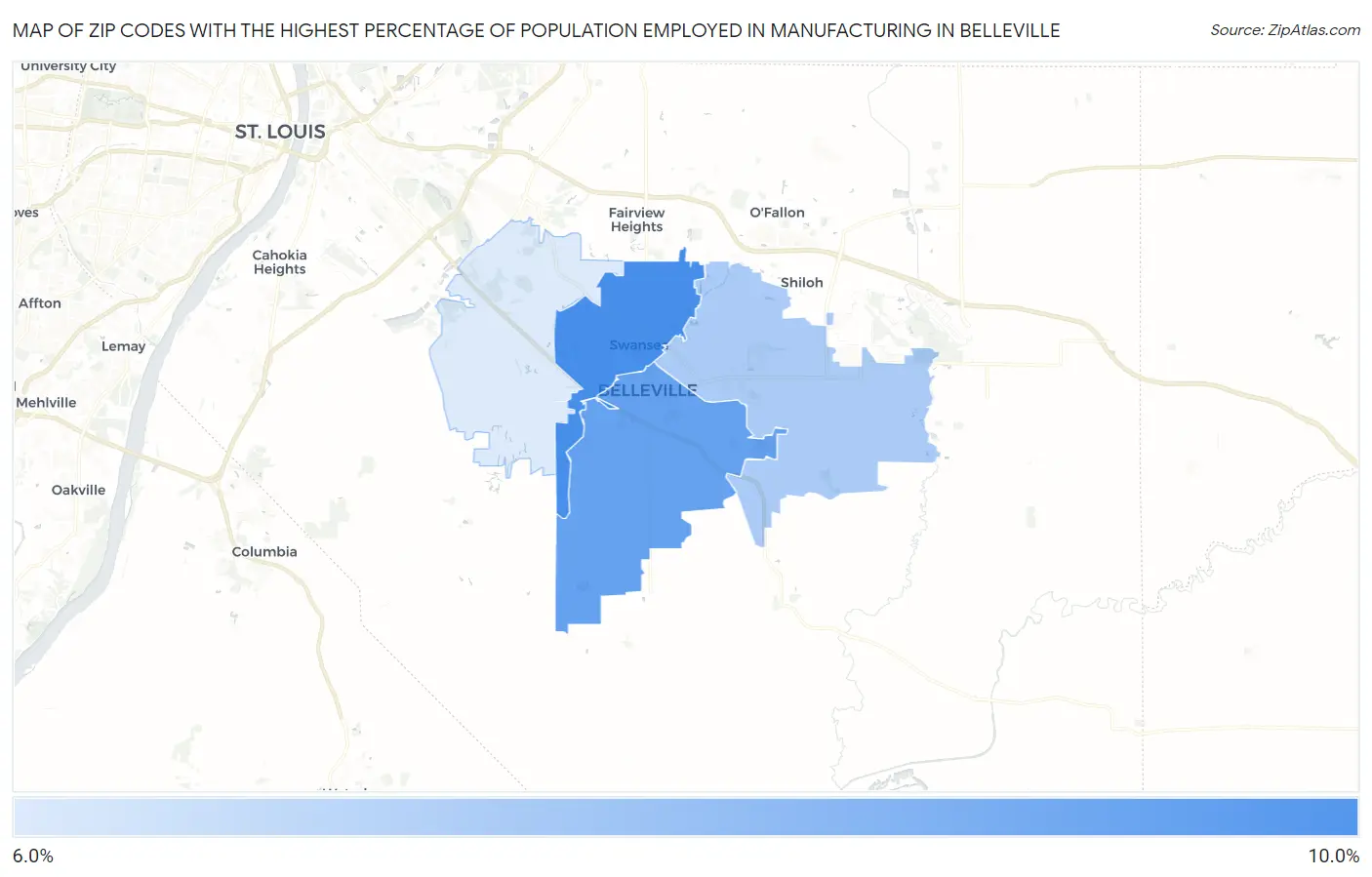 Zip Codes with the Highest Percentage of Population Employed in Manufacturing in Belleville Map