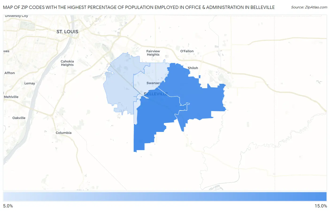 Zip Codes with the Highest Percentage of Population Employed in Office & Administration in Belleville Map
