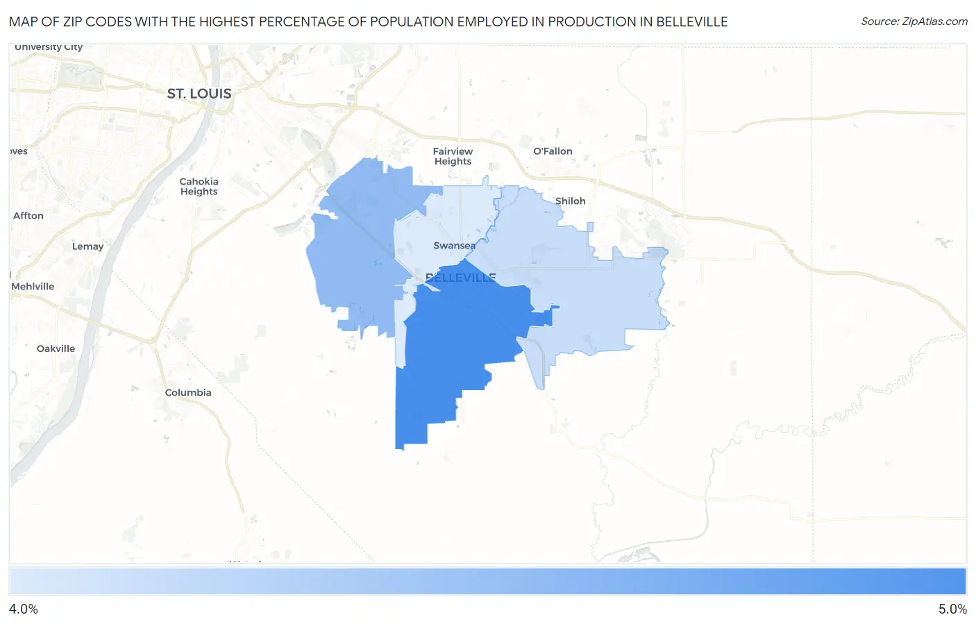 Zip Codes with the Highest Percentage of Population Employed in Production in Belleville Map