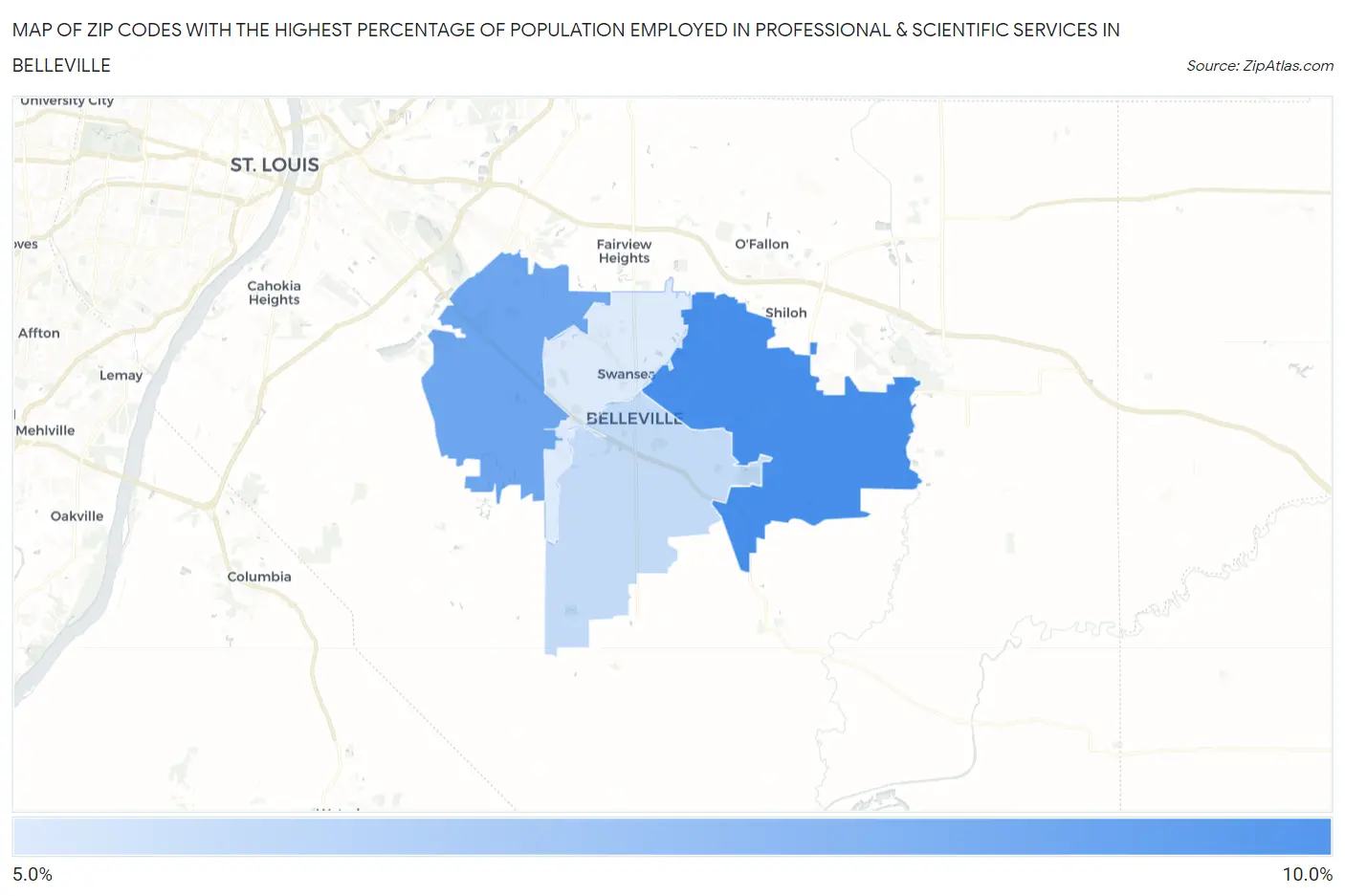 Zip Codes with the Highest Percentage of Population Employed in Professional & Scientific Services in Belleville Map
