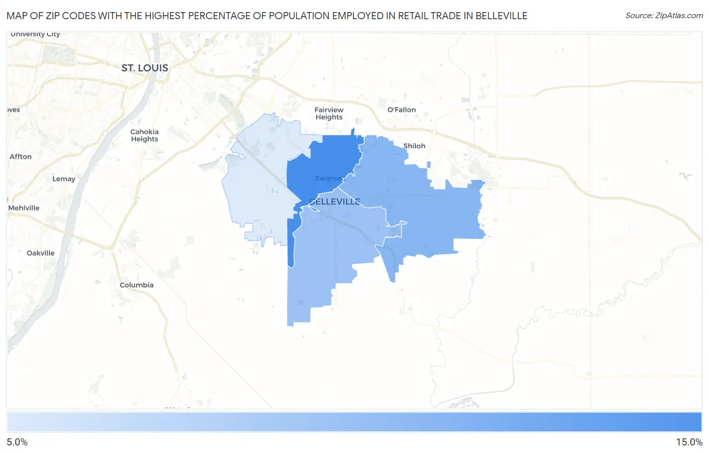 Zip Codes with the Highest Percentage of Population Employed in Retail Trade in Belleville Map