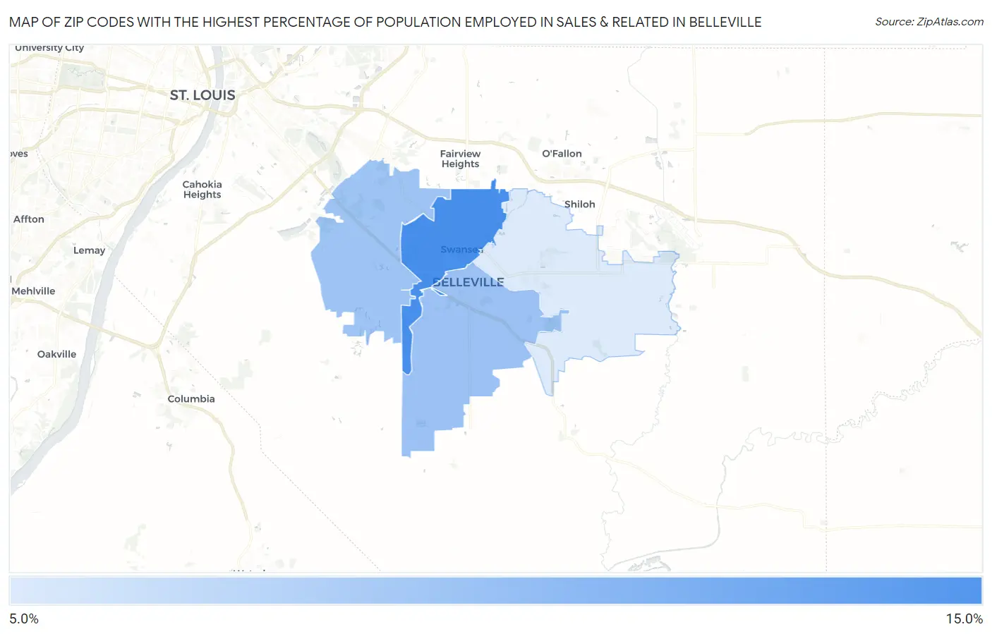 Zip Codes with the Highest Percentage of Population Employed in Sales & Related in Belleville Map