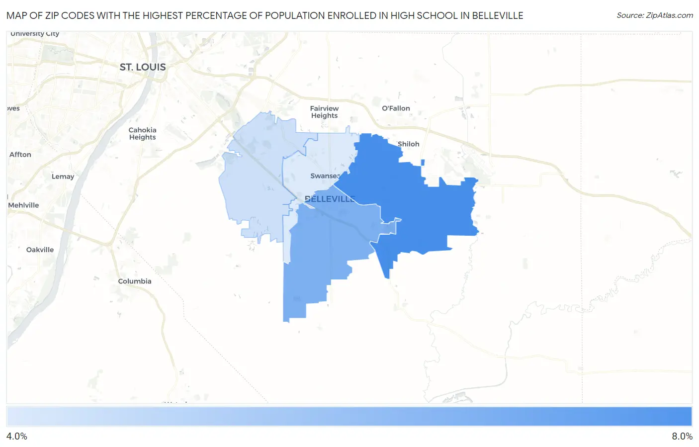 Zip Codes with the Highest Percentage of Population Enrolled in High School in Belleville Map