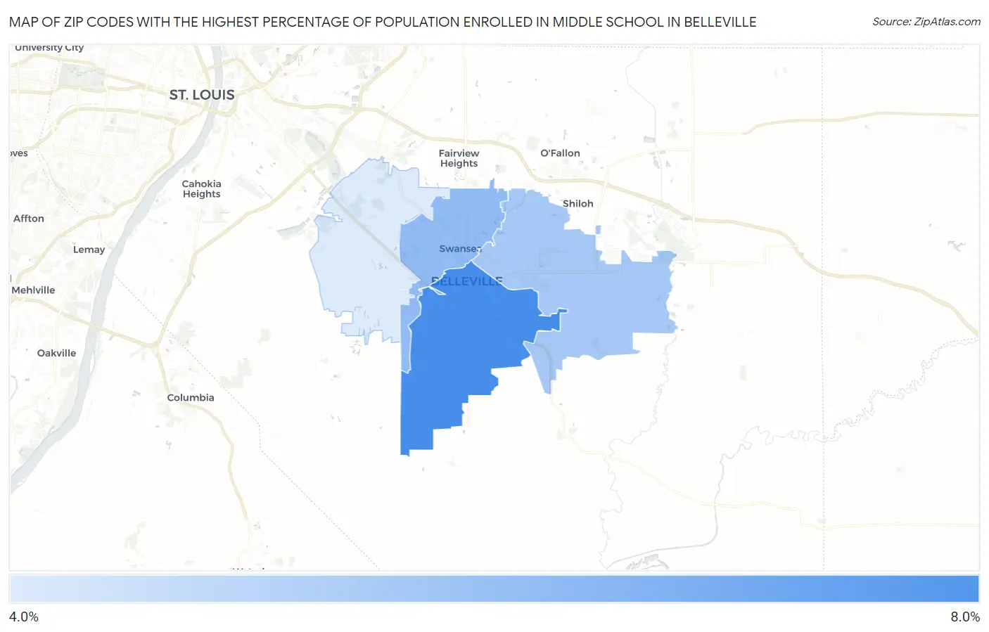 Zip Codes with the Highest Percentage of Population Enrolled in Middle School in Belleville Map
