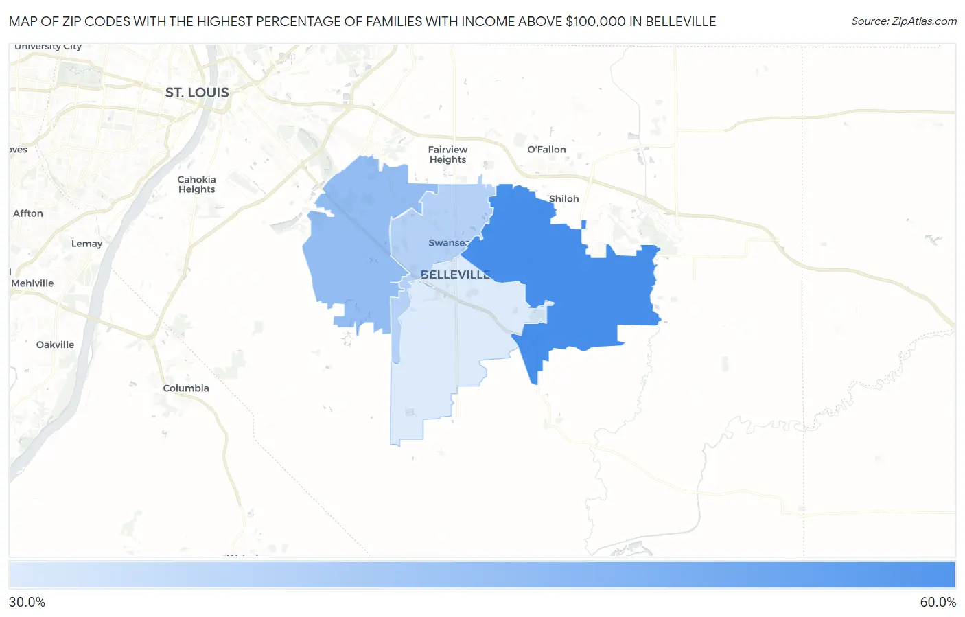 Zip Codes with the Highest Percentage of Families with Income Above $100,000 in Belleville Map