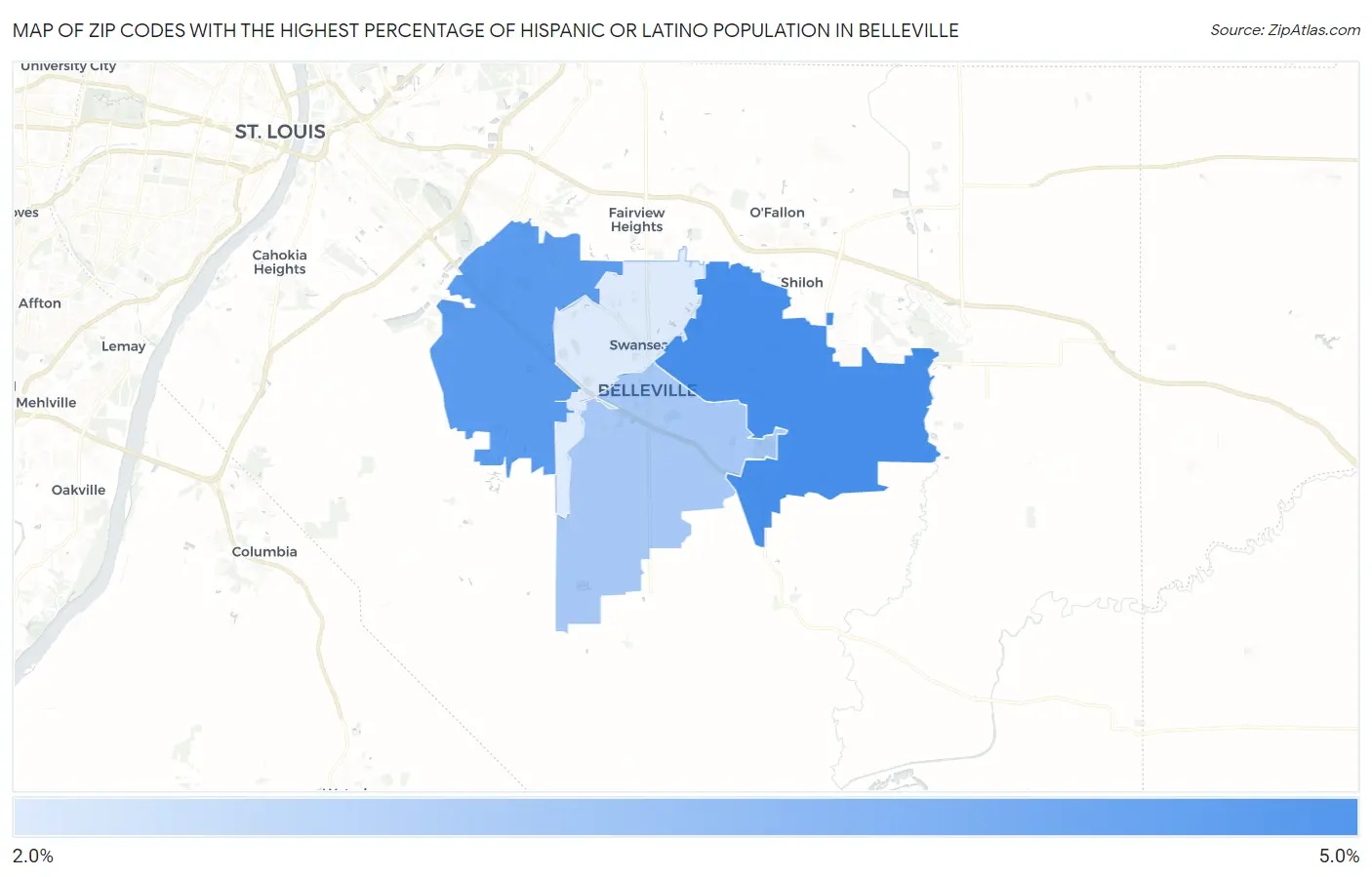Zip Codes with the Highest Percentage of Hispanic or Latino Population in Belleville Map