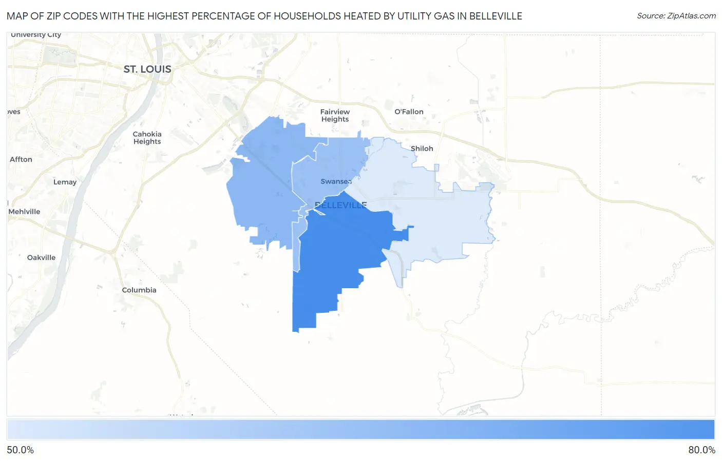Zip Codes with the Highest Percentage of Households Heated by Utility Gas in Belleville Map