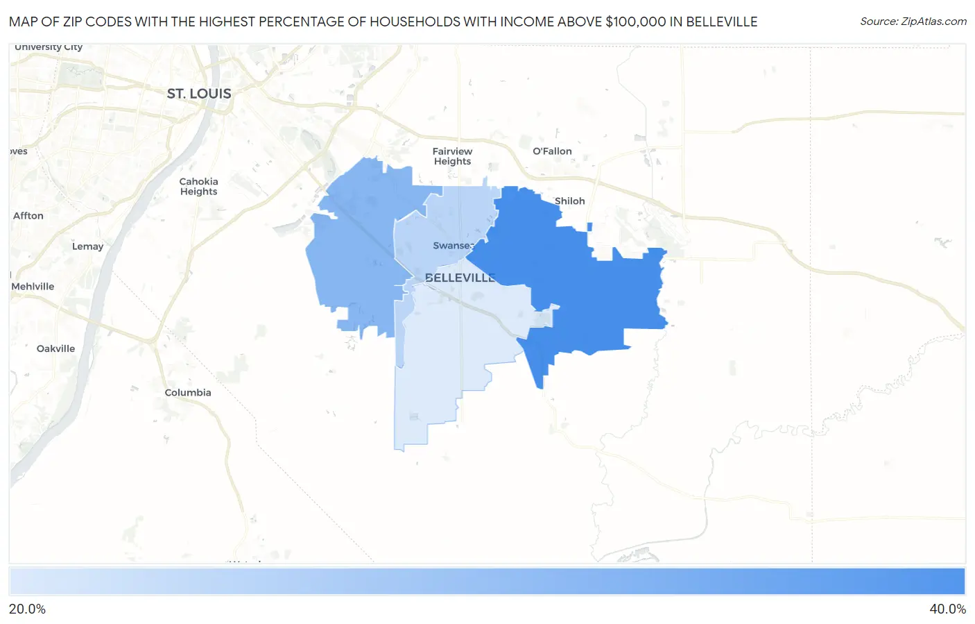 Zip Codes with the Highest Percentage of Households with Income Above $100,000 in Belleville Map