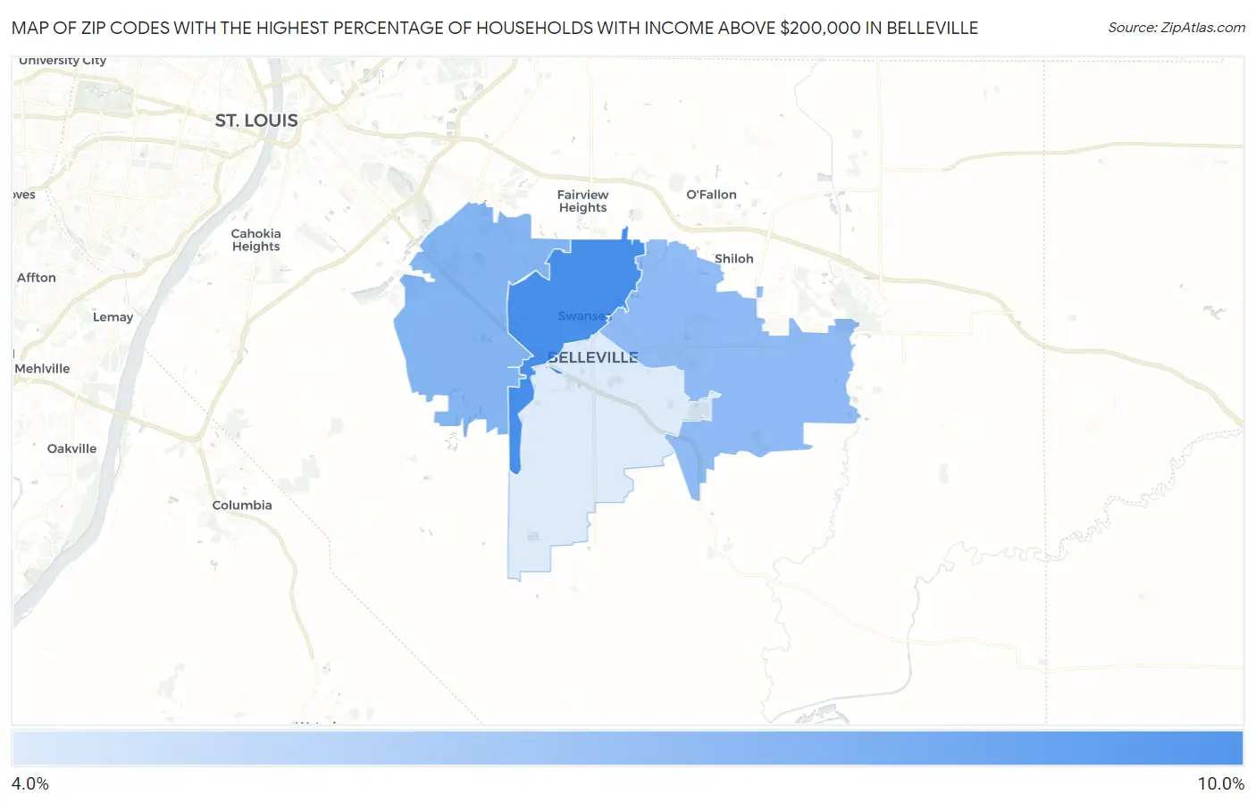 Zip Codes with the Highest Percentage of Households with Income Above $200,000 in Belleville Map