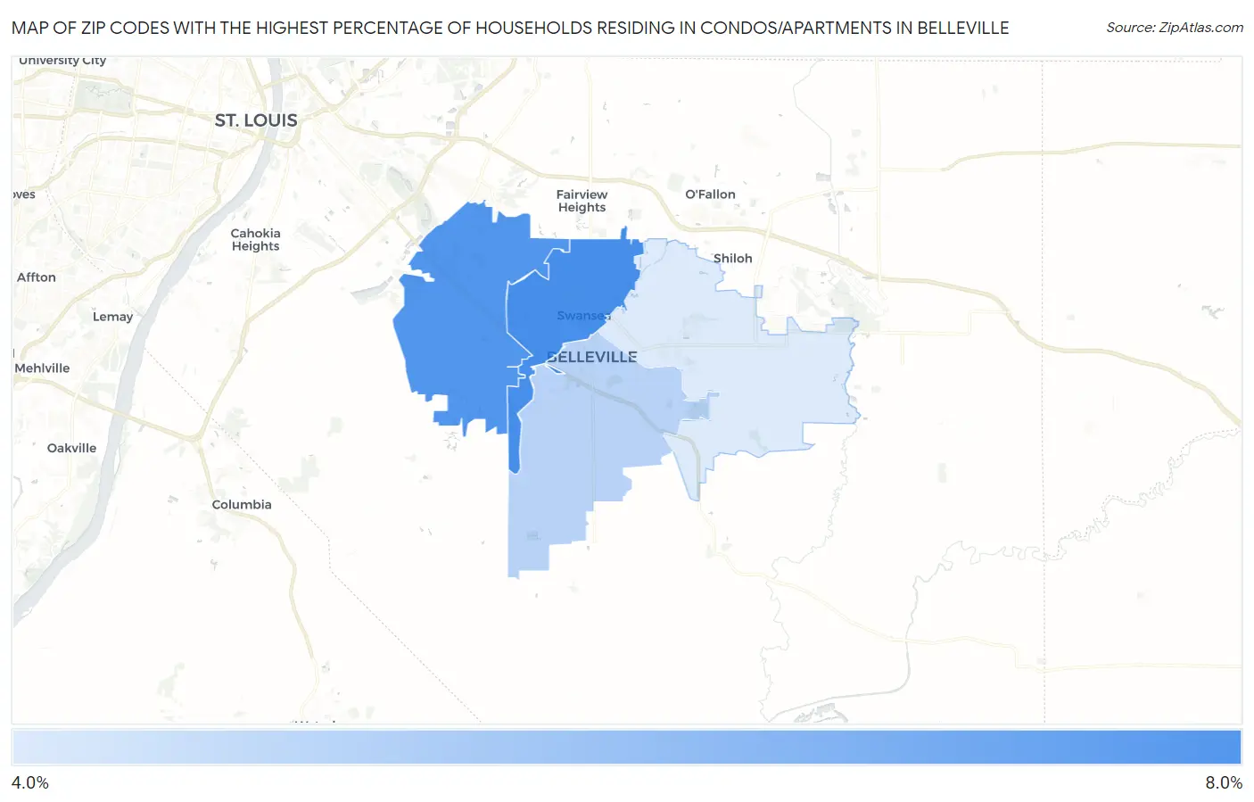 Zip Codes with the Highest Percentage of Households Residing in Condos/Apartments in Belleville Map