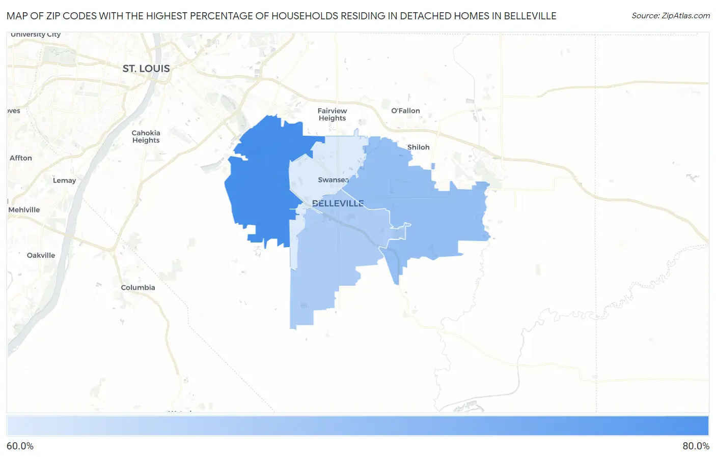 Zip Codes with the Highest Percentage of Households Residing in Detached Homes in Belleville Map
