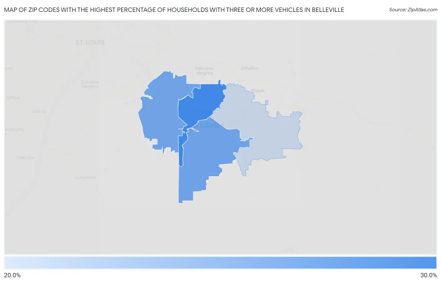 Zip Codes with the Highest Percentage of Households With Three or more Vehicles in Belleville Map