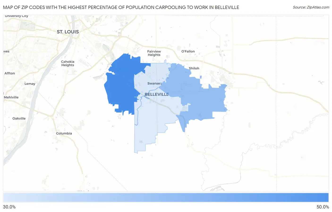 Zip Codes with the Highest Percentage of Population Carpooling to Work in Belleville Map