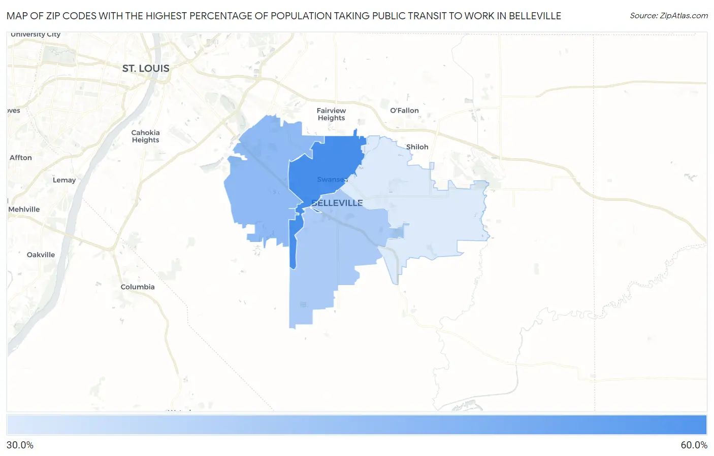 Zip Codes with the Highest Percentage of Population Taking Public Transit to Work in Belleville Map