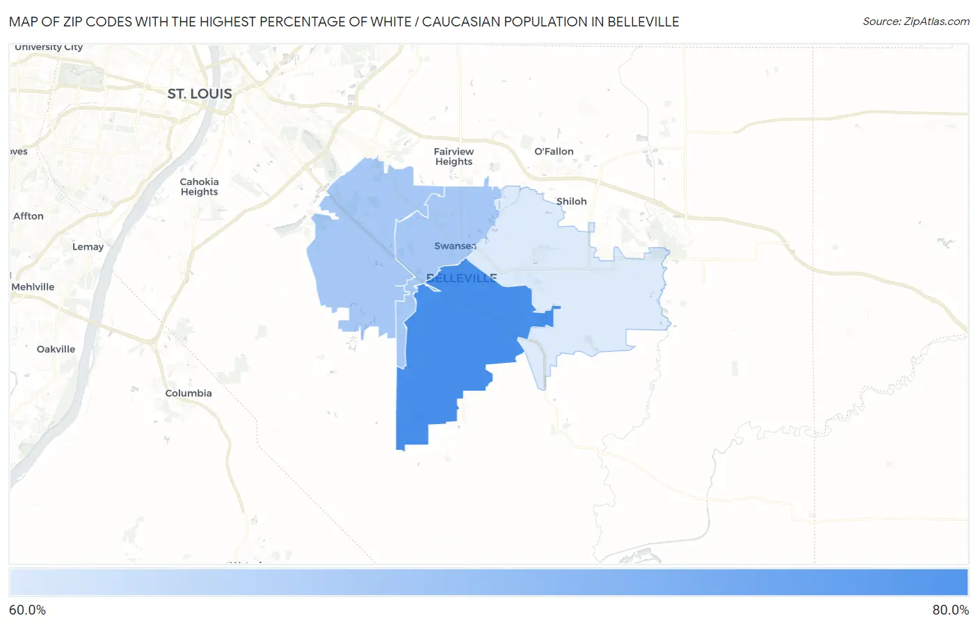 Zip Codes with the Highest Percentage of White / Caucasian Population in Belleville Map