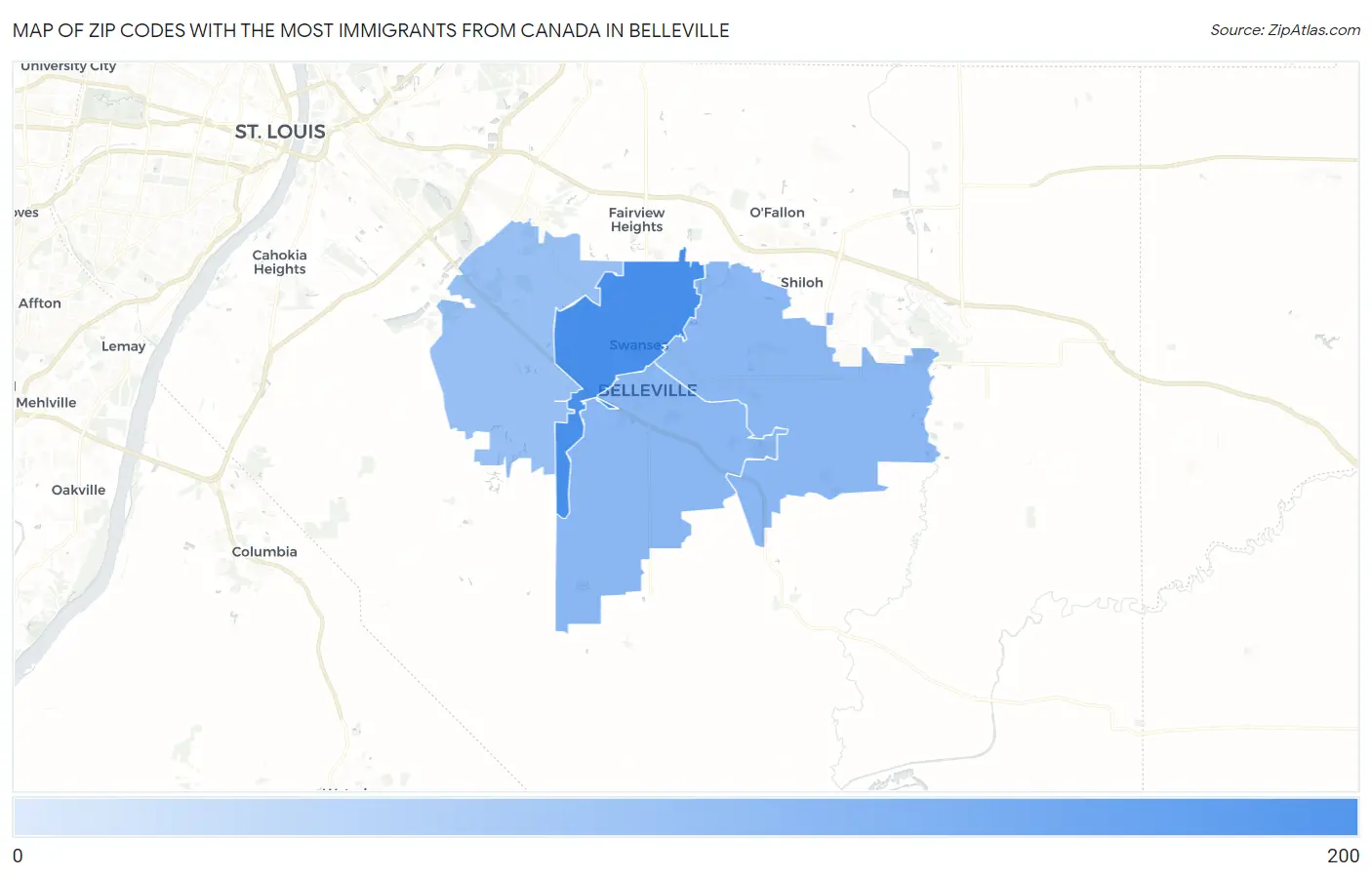 Zip Codes with the Most Immigrants from Canada in Belleville Map