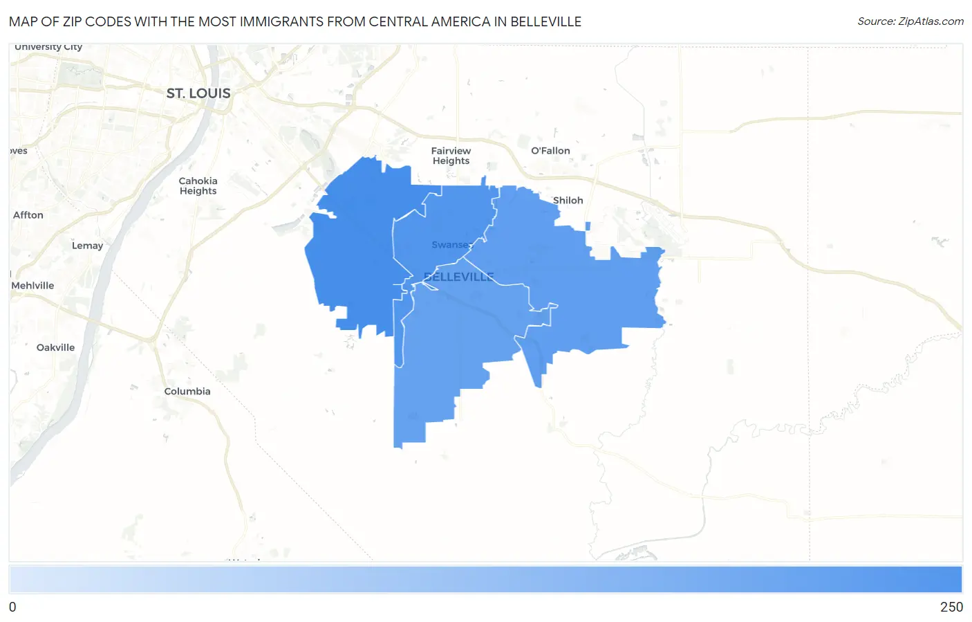 Zip Codes with the Most Immigrants from Central America in Belleville Map