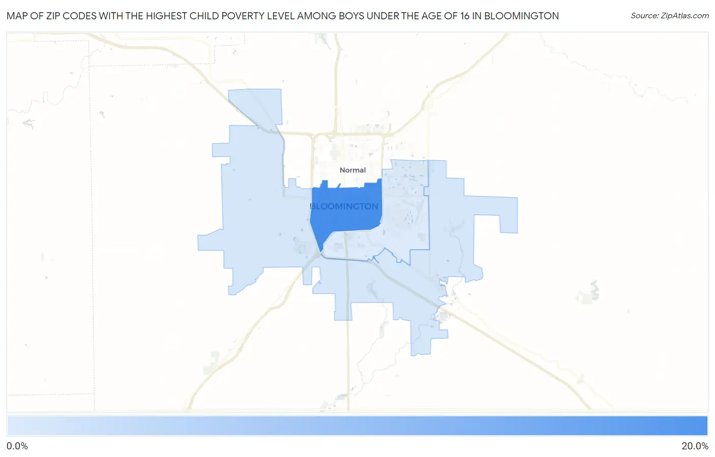 Zip Codes with the Highest Child Poverty Level Among Boys Under the Age of 16 in Bloomington Map