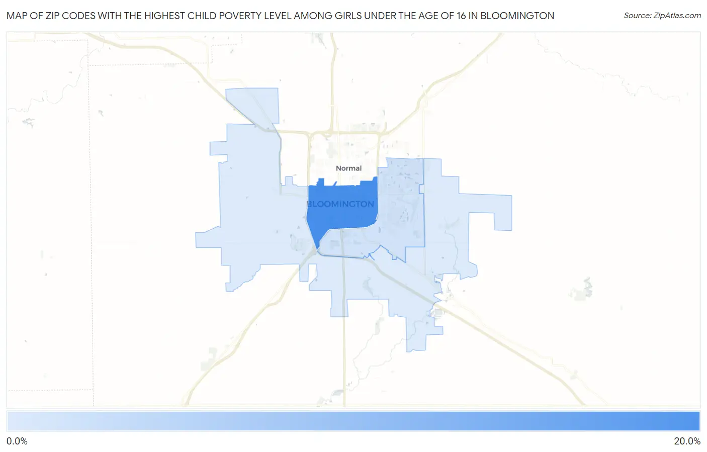 Zip Codes with the Highest Child Poverty Level Among Girls Under the Age of 16 in Bloomington Map