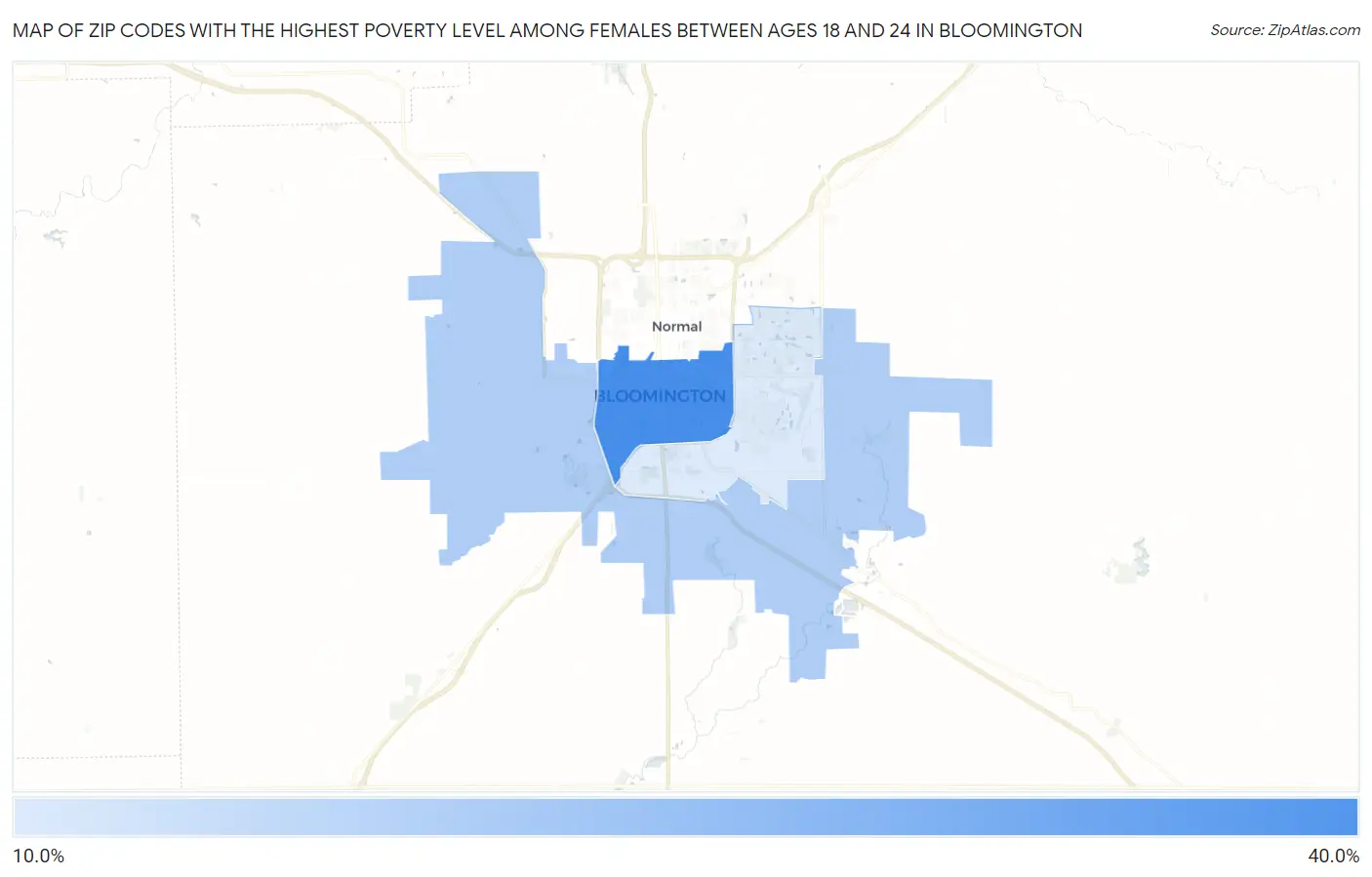 Zip Codes with the Highest Poverty Level Among Females Between Ages 18 and 24 in Bloomington Map