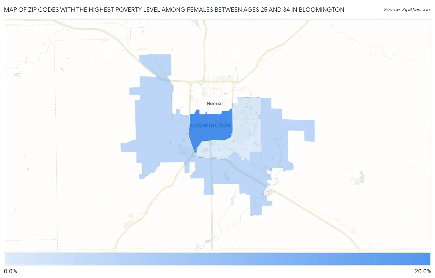 Zip Codes with the Highest Poverty Level Among Females Between Ages 25 and 34 in Bloomington Map
