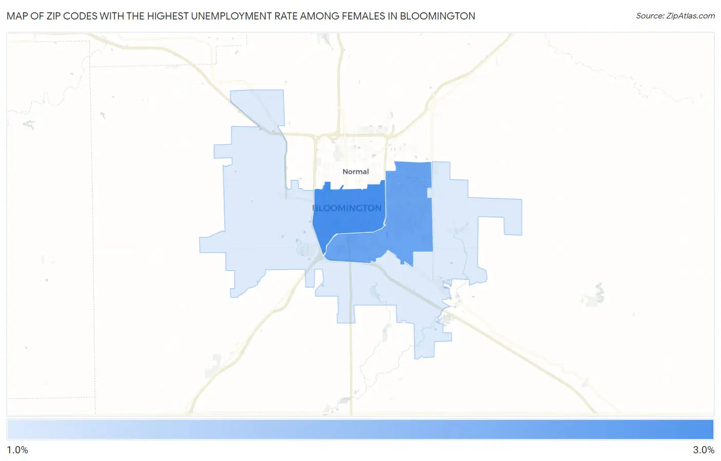 Zip Codes with the Highest Unemployment Rate Among Females in Bloomington Map