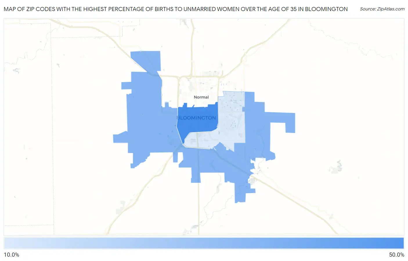 Zip Codes with the Highest Percentage of Births to Unmarried Women over the Age of 35 in Bloomington Map