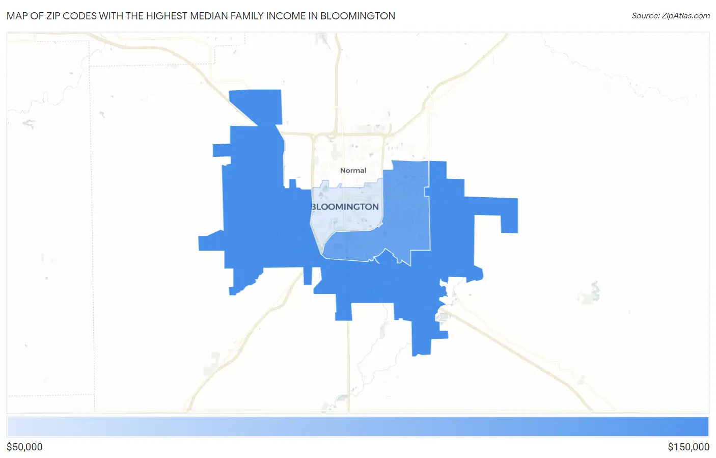 Zip Codes with the Highest Median Family Income in Bloomington Map