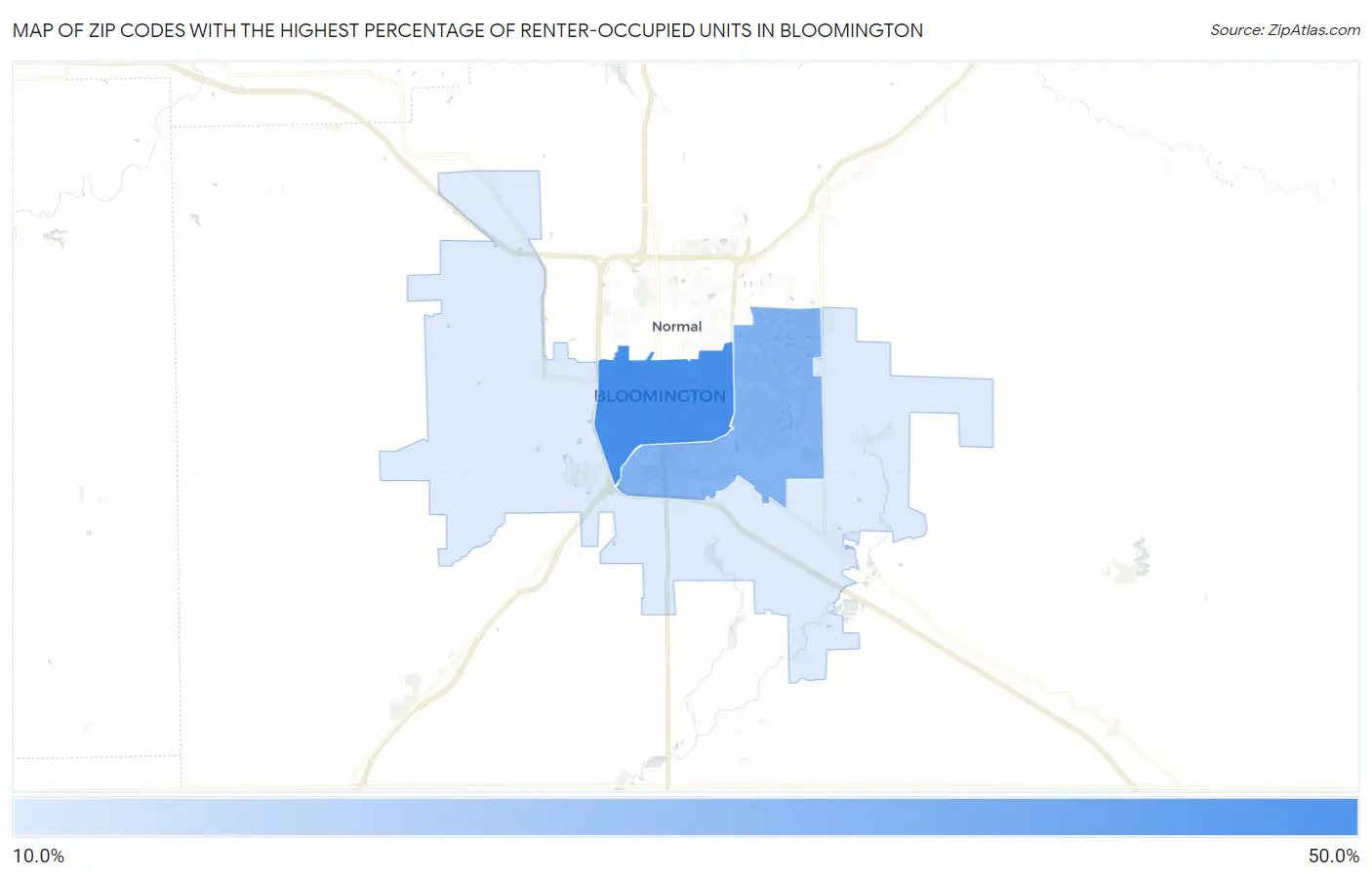 Zip Codes with the Highest Percentage of Renter-Occupied Units in Bloomington Map