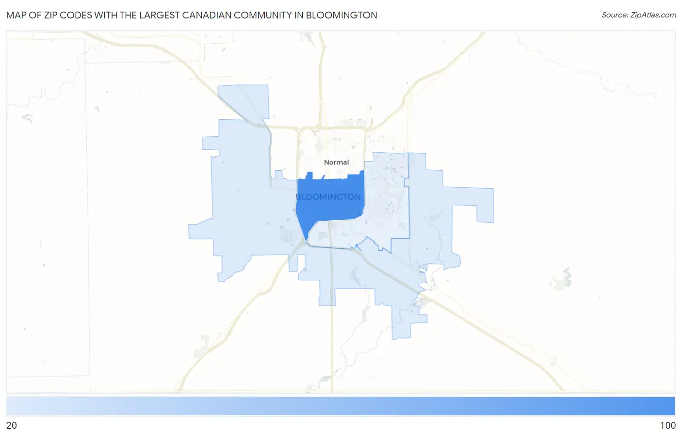 Zip Codes with the Largest Canadian Community in Bloomington Map
