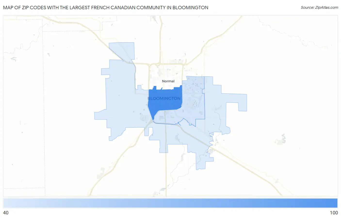 Zip Codes with the Largest French Canadian Community in Bloomington Map