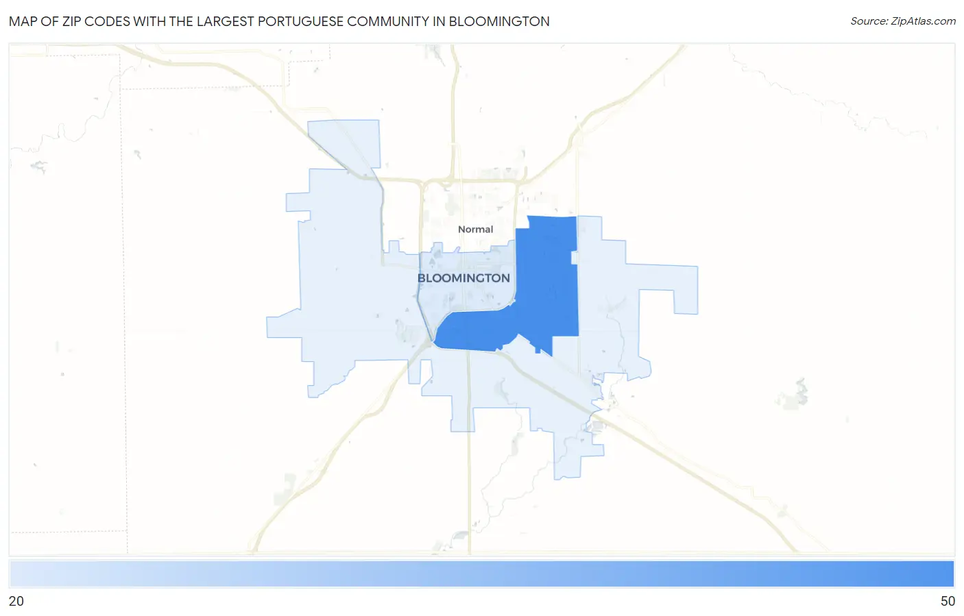 Zip Codes with the Largest Portuguese Community in Bloomington Map