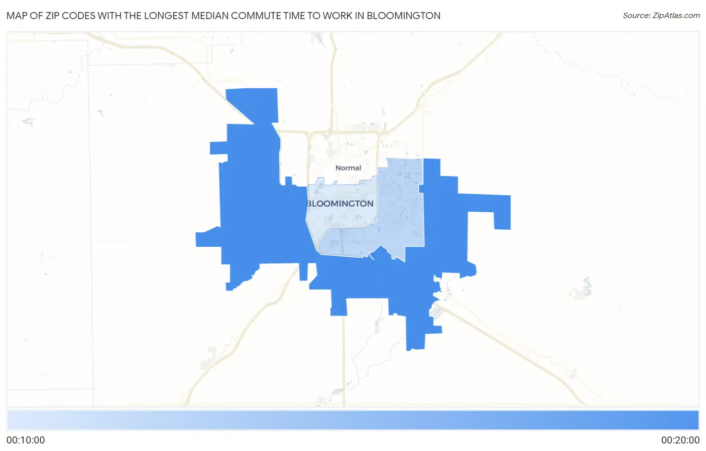 Zip Codes with the Longest Median Commute Time to Work in Bloomington Map