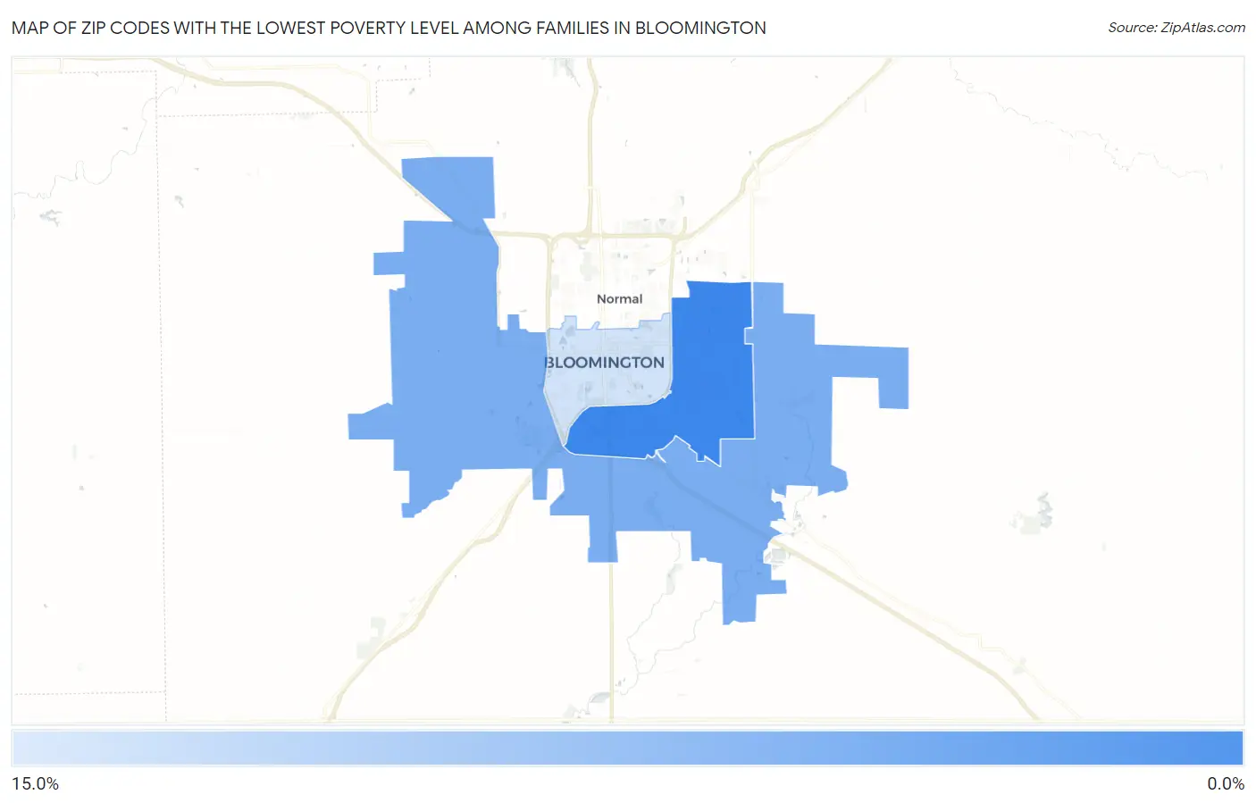 Zip Codes with the Lowest Poverty Level Among Families in Bloomington Map