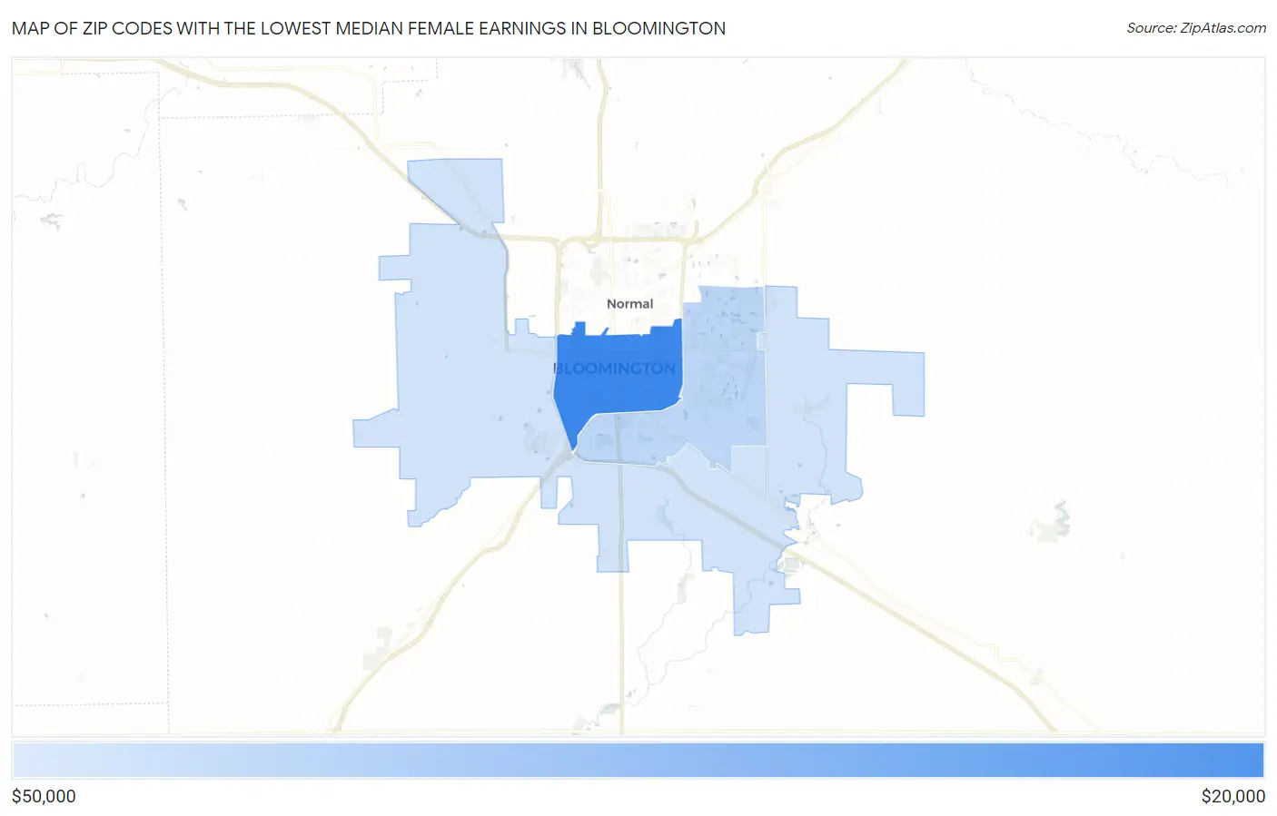 Zip Codes with the Lowest Median Female Earnings in Bloomington Map