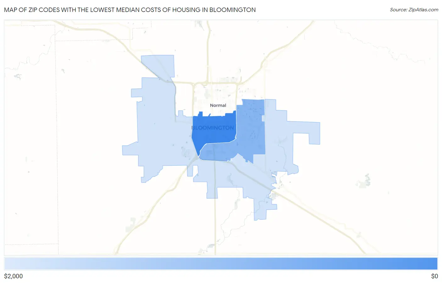 Zip Codes with the Lowest Median Costs of Housing in Bloomington Map