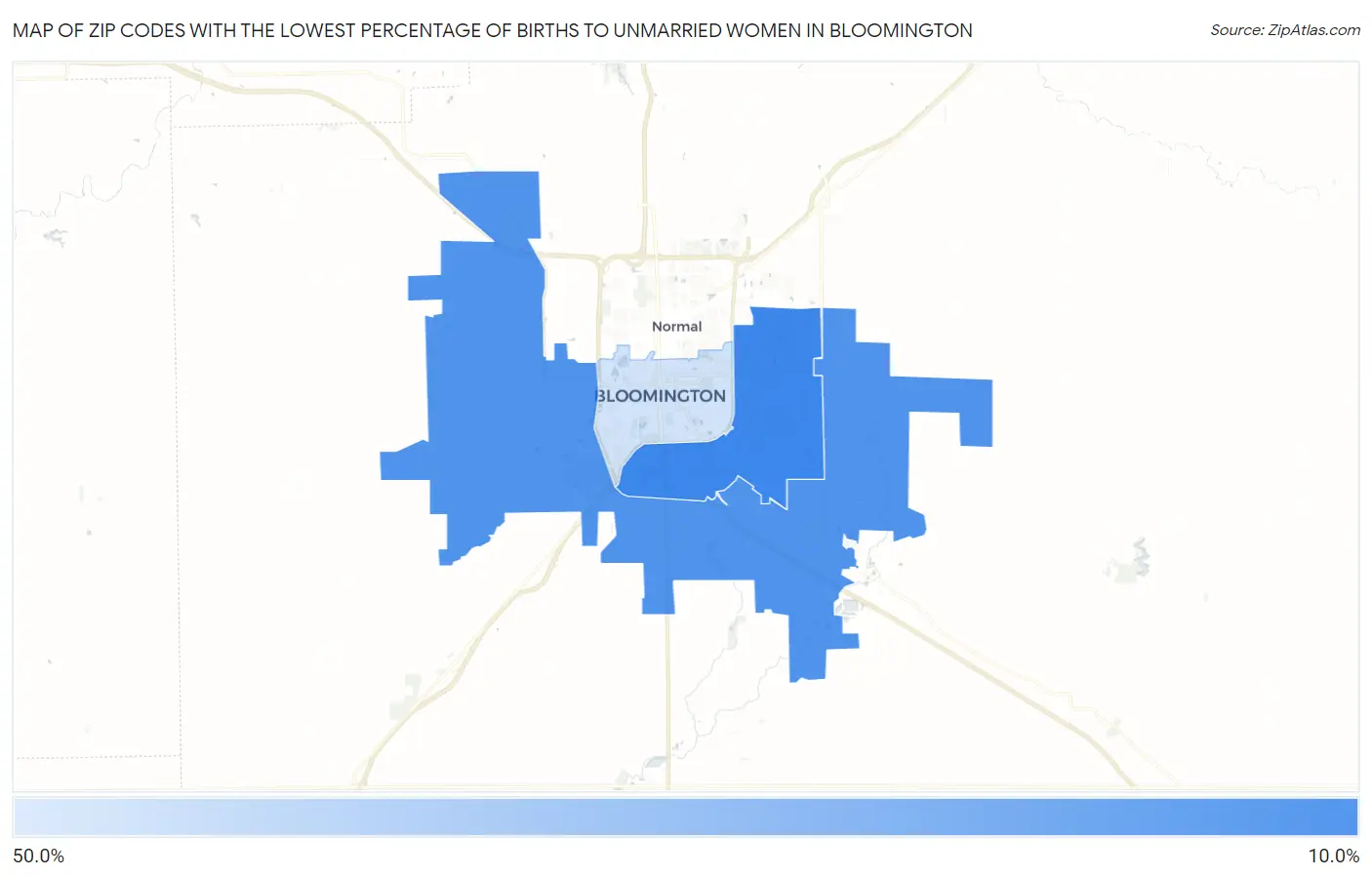 Zip Codes with the Lowest Percentage of Births to Unmarried Women in Bloomington Map