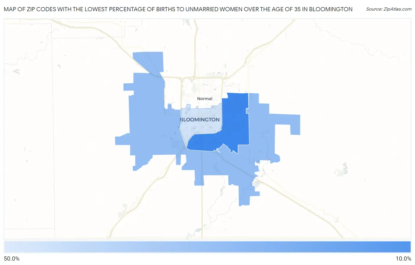 Zip Codes with the Lowest Percentage of Births to Unmarried Women over the Age of 35 in Bloomington Map