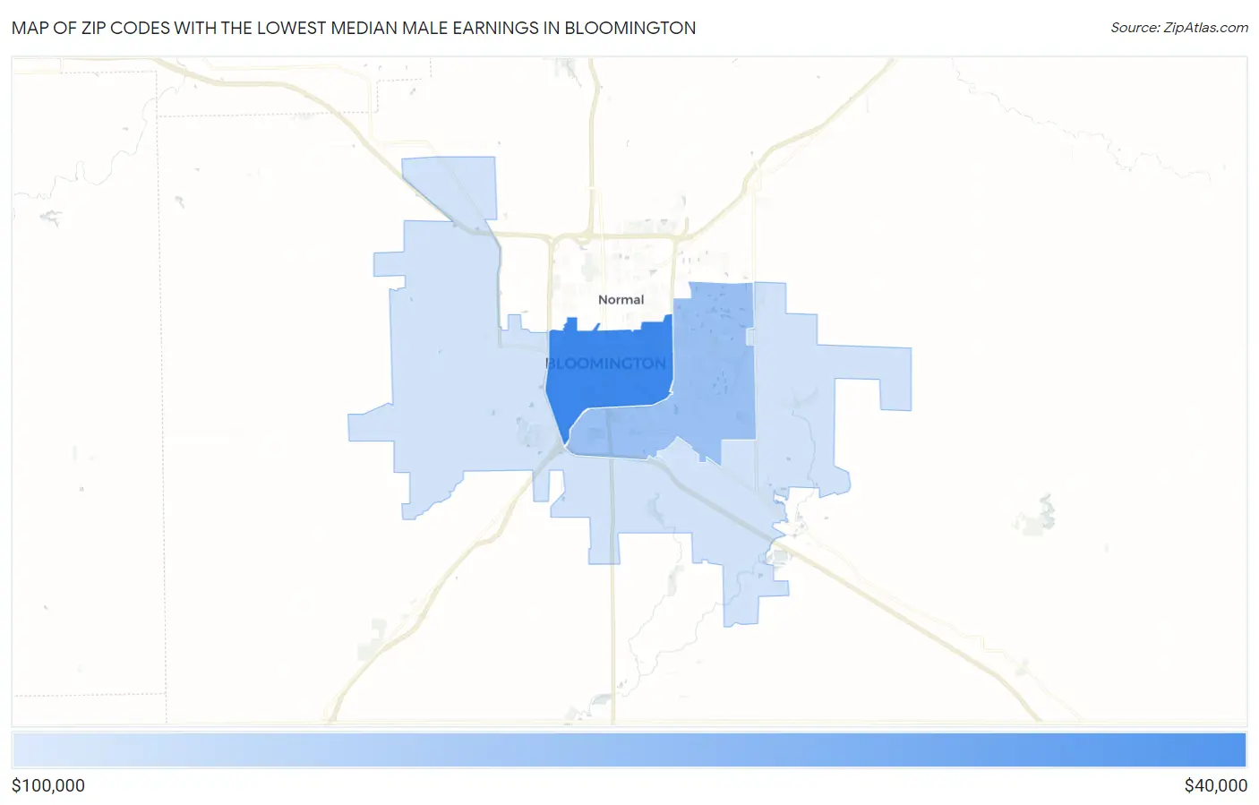 Zip Codes with the Lowest Median Male Earnings in Bloomington Map